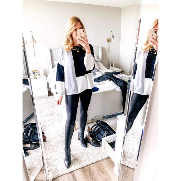 Women Sweater Long Sleeve Color Block Knit Pullover Casual Loose Top - Picture 8 of 9